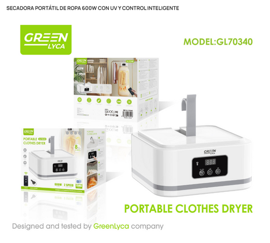 Secadora de Ropa Portátil Inteligente 600W con Luz UV y Mando a Distancia